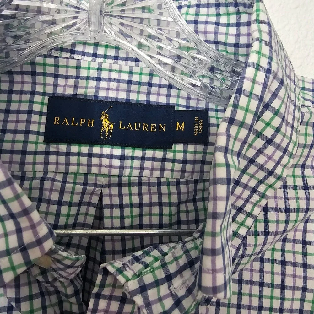 Ralph Lauren Men's Short Sleeve Green Blue and White Plaid Polo Size Medium